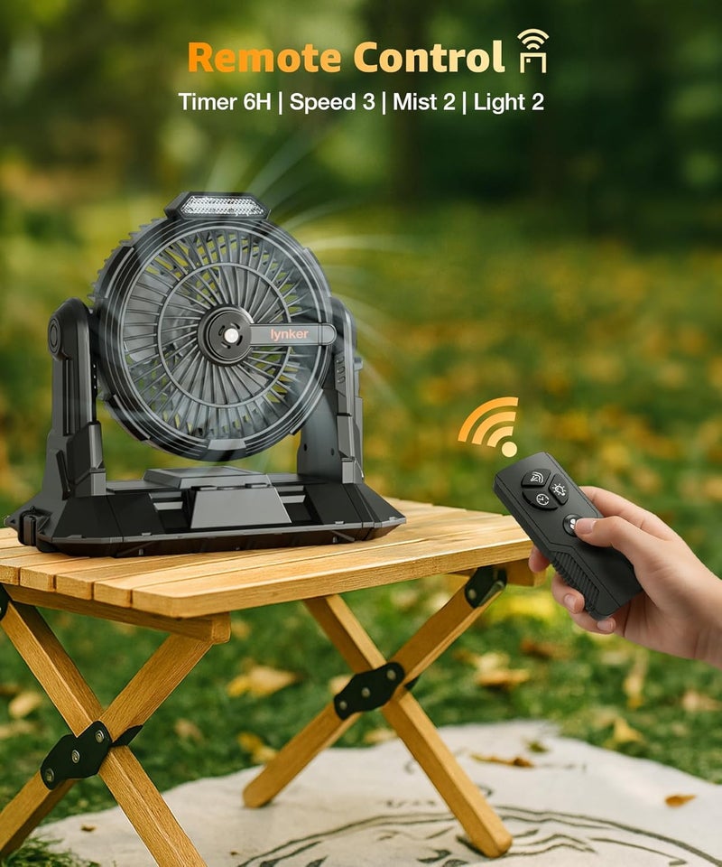 lynker Portable Misting Fan with Remote, Camping Fan with 20000mAh Rechargeable Battery Operated, 6L Water Tank, 3 Speed Levels, 2 Spray Modes, Hanging & Lighting for Outdoor Indoor Cooling (Black) - Image 4